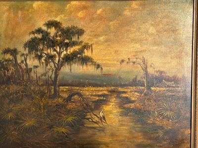 Vintage Louisiana Swamp Landscape Painting in Gilt Frame