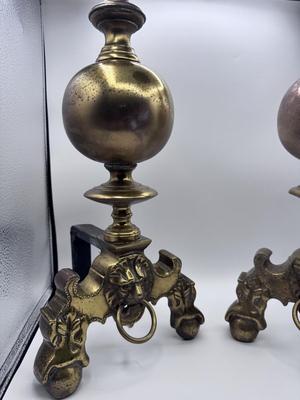 Antique Brass Andirons Fireplace Chenets – Lion Head Design, Ornate Vintage Pair