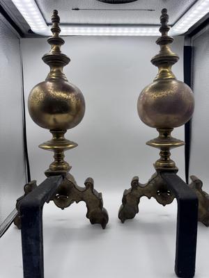 Antique Brass Andirons Fireplace Chenets – Lion Head Design, Ornate Vintage Pair