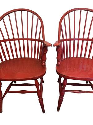 Pair of Red Painted Windsor-Style Bow-Back Armchairs