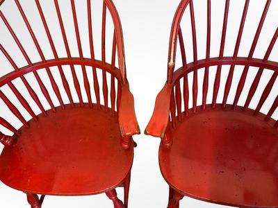 Pair of Red Painted Windsor-Style Bow-Back Armchairs