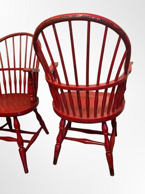 Pair of Red Painted Windsor-Style Bow-Back Armchairs