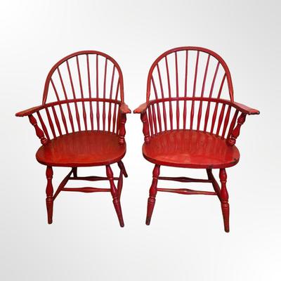 Pair of Red Painted Windsor-Style Bow-Back Armchairs