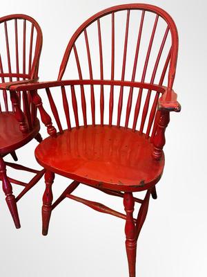 Pair of Red Painted Windsor-Style Bow-Back Armchairs