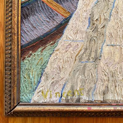 Sale Photo Thumbnail #453: Measures: 18" wide x 21.5" high
signed Vincent 
art has crazing and cracking on canvas 
painted by Baird Jannarl