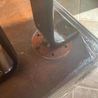 Sale Photo Thumbnail #557: Has adjustable shelves, has damage to front right and left corner, top is solid slate
Piece of veneer on the left bottom corner is coming off and it seems the feet have been replaced and are the original. Please refer to photos.
Measures: 6'7.5" wide x 22