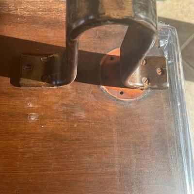Sale Photo Thumbnail #556: Has adjustable shelves, has damage to front right and left corner, top is solid slate
Piece of veneer on the left bottom corner is coming off and it seems the feet have been replaced and are the original. Please refer to photos.
Measures: 6'7.5" wide x 22