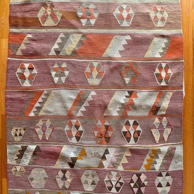 Sale Photo Thumbnail #569: Measures: 5'5" long x 35" wide
some discoloration 
natural dyes