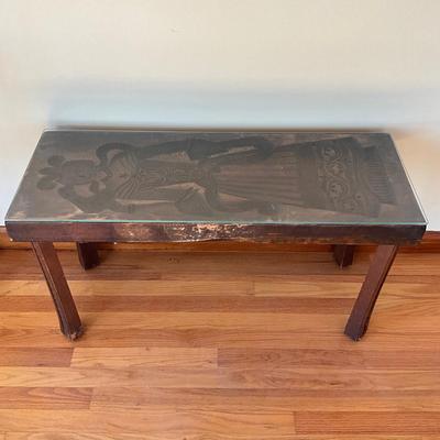 Sale Photo Thumbnail #589: Each side of the mold is different Male on one side and female dutch carvings.   converted into a table with glass top 
Measures: 35" wide x 12.5" deep x 19.5" high