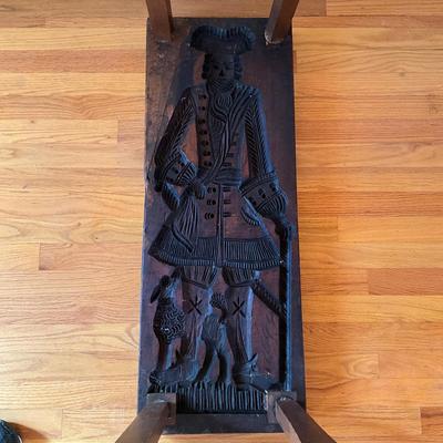 Sale Photo Thumbnail #584: Each side of the mold is different Male on one side and female dutch carvings.   converted into a table with glass top 
Measures: 35" wide x 12.5" deep x 19.5" high