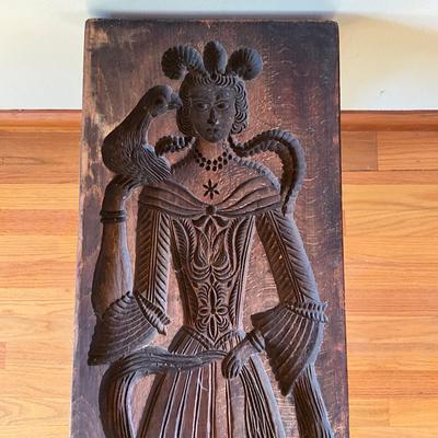 Sale Photo Thumbnail #585: Each side of the mold is different Male on one side and female dutch carvings.   converted into a table with glass top 
Measures: 35" wide x 12.5" deep x 19.5" high