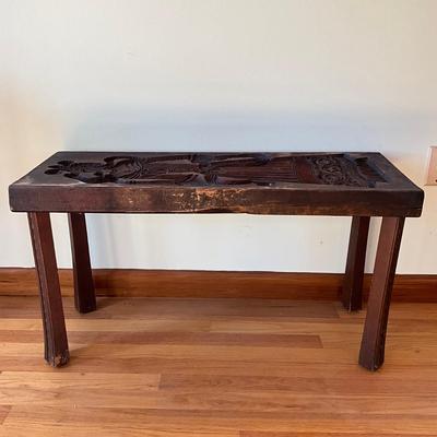 Sale Photo Thumbnail #587: Each side of the mold is different Male on one side and female dutch carvings.   converted into a table with glass top 
Measures: 35" wide x 12.5" deep x 19.5" high