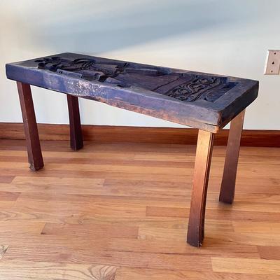 Sale Photo Thumbnail #582: Each side of the mold is different Male on one side and female dutch carvings.   converted into a table with glass top 
Measures: 35" wide x 12.5" deep x 19.5" high