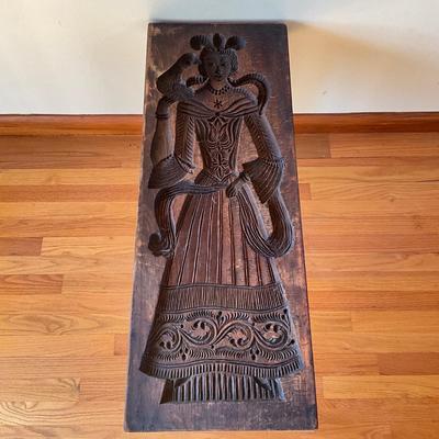 Sale Photo Thumbnail #586: Each side of the mold is different Male on one side and female dutch carvings.   converted into a table with glass top 
Measures: 35" wide x 12.5" deep x 19.5" high