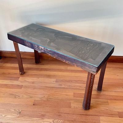 Sale Photo Thumbnail #588: Each side of the mold is different Male on one side and female dutch carvings.   converted into a table with glass top 
Measures: 35" wide x 12.5" deep x 19.5" high