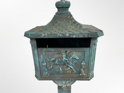 Vintage Cast Iron Pedestal Mailbox with Verdigris Patina
