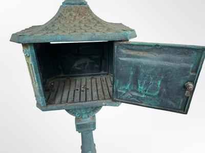 Vintage Cast Iron Pedestal Mailbox with Verdigris Patina