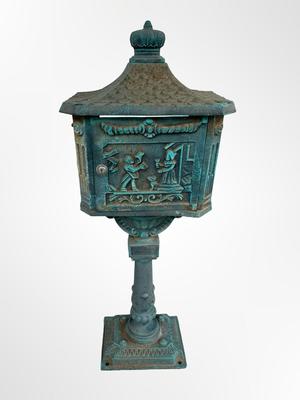 Vintage Cast Iron Pedestal Mailbox with Verdigris Patina