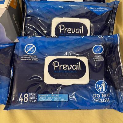Sale Photo Thumbnail #802: Personal Care Items Lot- Prevail Washcloths (3 new, 1 open) , Box of Latex Gloves +1 Wipes