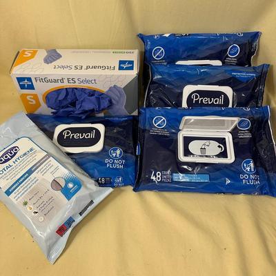 Sale Photo Thumbnail #801: Personal Care Items Lot- Prevail Washcloths (3 new, 1 open) , Box of Latex Gloves +1 Wipes