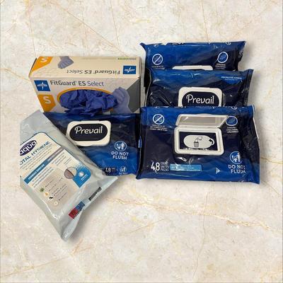 Sale Photo Thumbnail #800: Personal Care Items Lot- Prevail Washcloths (3 new, 1 open) , Box of Latex Gloves +1 Wipes