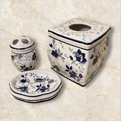 Sale Photo Thumbnail #797: Waverly 3 Piece Vanity Bathroom Set Blue Flowers on White- great condition!