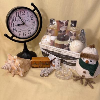 Sale Photo Thumbnail #819: Misc Mixed Decor and Bath/Beauty Items- Great Variety! Unopened Bath Gift SEt by Lowery Vanilla Coconut Scent, 2 Sea shells, clock, trinket box, ring holder, and cute lil snowman.