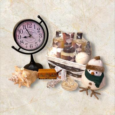 Sale Photo Thumbnail #818: Misc Mixed Decor and Bath/Beauty Items- Great Variety! Unopened Bath Gift SEt by Lowery Vanilla Coconut Scent, 2 Sea shells, clock, trinket box, ring holder, and cute lil snowman.