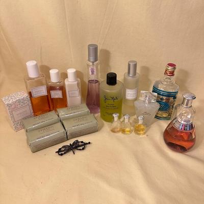 Sale Photo Thumbnail #828: Assorted Perfumes, Bottles, and Soaps/Body Care; much is Crabtree & Evelyn Spring Rain Scent plus assorted perfume bottles with varying amounts of perfume. And a dragonfly hair clip!