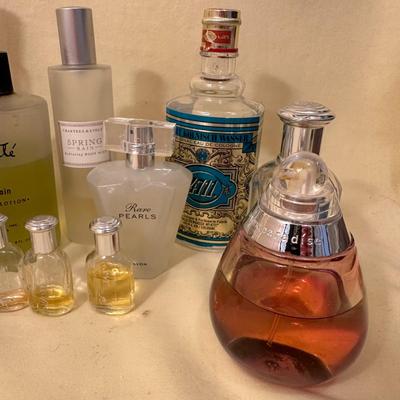 Sale Photo Thumbnail #831: Assorted Perfumes, Bottles, and Soaps/Body Care; much is Crabtree & Evelyn Spring Rain Scent plus assorted perfume bottles with varying amounts of perfume. And a dragonfly hair clip!