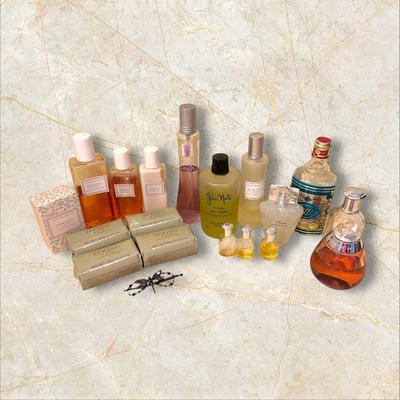Sale Photo Thumbnail #827: Assorted Perfumes, Bottles, and Soaps/Body Care; much is Crabtree & Evelyn Spring Rain Scent plus assorted perfume bottles with varying amounts of perfume. And a dragonfly hair clip!