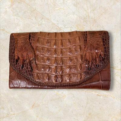 Sale Photo Thumbnail #905: Brown Real Alligator Clutch Handbag - It's Got Claws! This one is most unusual- what a conversation piece, ladies! And in great shape! 10" x 6"