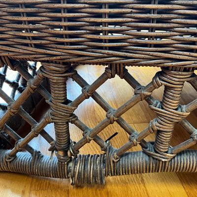 Sale Photo Thumbnail #632: Has some minor damage to wicker, front bottom coming unraveled, cushions have fading
Both measure: 38" wide x 38.5" high x 22" seat depth x 26.5" seat width x 18" seat height