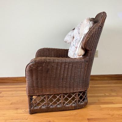 Sale Photo Thumbnail #630: Has some minor damage to wicker, front bottom coming unraveled, cushions have fading
Both measure: 38" wide x 38.5" high x 22" seat depth x 26.5" seat width x 18" seat height