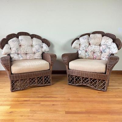 Sale Photo Thumbnail #638: Has some minor damage to wicker, front bottom coming unraveled, cushions have fading
Both measure: 38" wide x 38.5" high x 22" seat depth x 26.5" seat width x 18" seat height