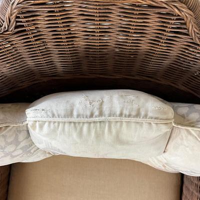 Sale Photo Thumbnail #634: Has some minor damage to wicker, front bottom coming unraveled, cushions have fading
Both measure: 38" wide x 38.5" high x 22" seat depth x 26.5" seat width x 18" seat height