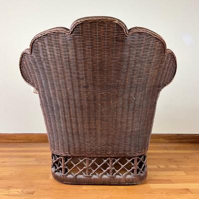 Sale Photo Thumbnail #629: Has some minor damage to wicker, front bottom coming unraveled, cushions have fading
Both measure: 38" wide x 38.5" high x 22" seat depth x 26.5" seat width x 18" seat height