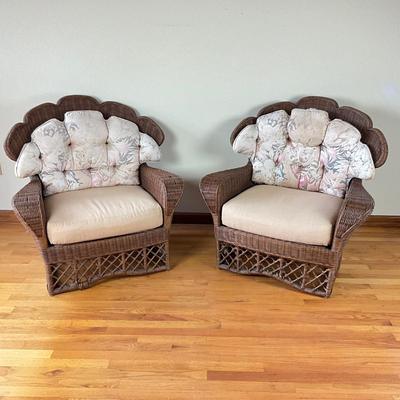 Sale Photo Thumbnail #639: Has some minor damage to wicker, front bottom coming unraveled, cushions have fading
Both measure: 38" wide x 38.5" high x 22" seat depth x 26.5" seat width x 18" seat height