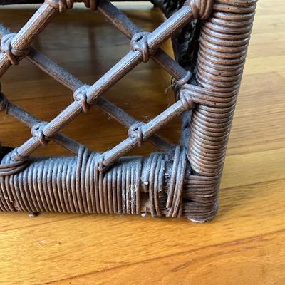 Sale Photo Thumbnail #631: Has some minor damage to wicker, front bottom coming unraveled, cushions have fading
Both measure: 38" wide x 38.5" high x 22" seat depth x 26.5" seat width x 18" seat height