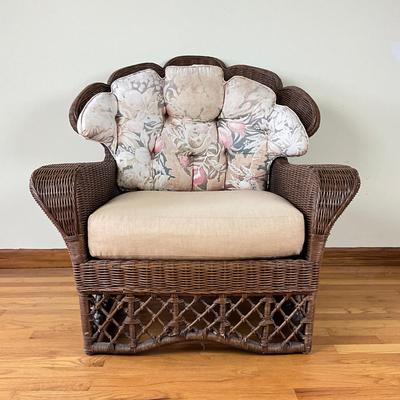 Sale Photo Thumbnail #633: Has some minor damage to wicker, front bottom coming unraveled, cushions have fading
Both measure: 38" wide x 38.5" high x 22" seat depth x 26.5" seat width x 18" seat height