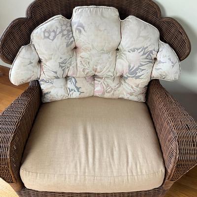 Sale Photo Thumbnail #637: Has some minor damage to wicker, front bottom coming unraveled, cushions have fading
Both measure: 38" wide x 38.5" high x 22" seat depth x 26.5" seat width x 18" seat height