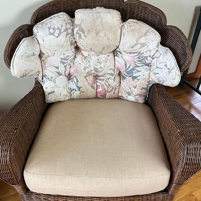 Sale Photo Thumbnail #636: Has some minor damage to wicker, front bottom coming unraveled, cushions have fading
Both measure: 38" wide x 38.5" high x 22" seat depth x 26.5" seat width x 18" seat height