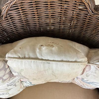 Sale Photo Thumbnail #635: Has some minor damage to wicker, front bottom coming unraveled, cushions have fading
Both measure: 38" wide x 38.5" high x 22" seat depth x 26.5" seat width x 18" seat height