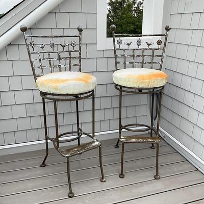 Sale Photo Thumbnail #674: Stools are heavily weathered, needs TLC. structurally sound , fresh paint and new seats and they will be good as new! 
Both measure: 45" high x 18" deep x 18" wide x 31" seat height
with ball tops and botanical theme of leaves, trees, birds on the back an