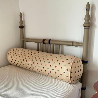 Sale Photo Thumbnail #721: Both beds measure: 54.25" high (head board) x 43" high (foot board) x 39" wide
custom made bolster pillow and upholstered boxspring covers