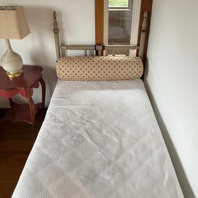 Sale Photo Thumbnail #722: Both beds measure: 54.25" high (head board) x 43" high (foot board) x 39" wide
custom made bolster pillow and upholstered boxspring covers