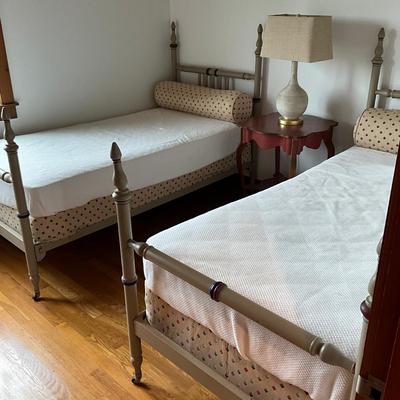 Sale Photo Thumbnail #720: Both beds measure: 54.25" high (head board) x 43" high (foot board) x 39" wide
custom made bolster pillow and upholstered boxspring covers