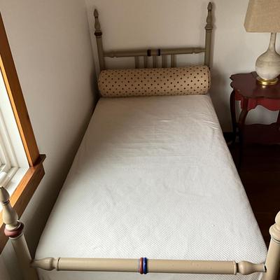 Sale Photo Thumbnail #725: Both beds measure: 54.25" high (head board) x 43" high (foot board) x 39" wide
custom made bolster pillow and upholstered boxspring covers