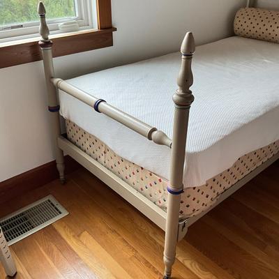 Sale Photo Thumbnail #724: Both beds measure: 54.25" high (head board) x 43" high (foot board) x 39" wide
custom made bolster pillow and upholstered boxspring covers