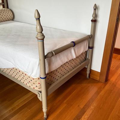 Sale Photo Thumbnail #723: Both beds measure: 54.25" high (head board) x 43" high (foot board) x 39" wide
custom made bolster pillow and upholstered boxspring covers
